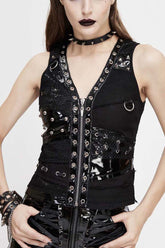 Gilet Punk Femme en Métal Lourd avec Design Asymétrique en Maille Découpée en V Noir